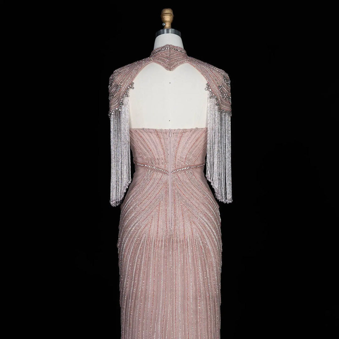Dreamy Vow SS067 pink high neck crystal beaded fringe cape evening gown