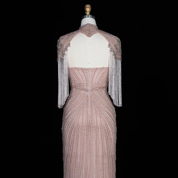 Dreamy Vow SS067 pink high neck crystal beaded fringe cape evening gown