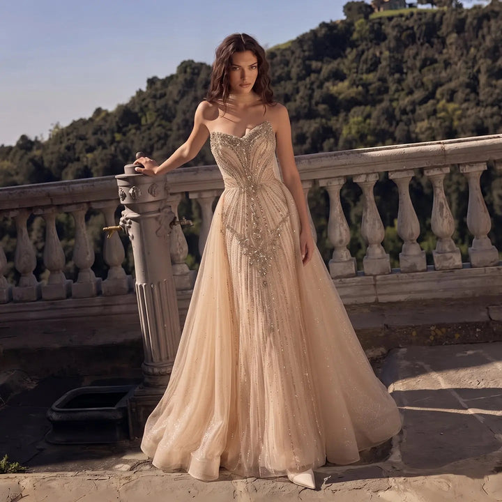 Dreamy Vow SS068 champagne crystal beaded strapless A-line evening gown