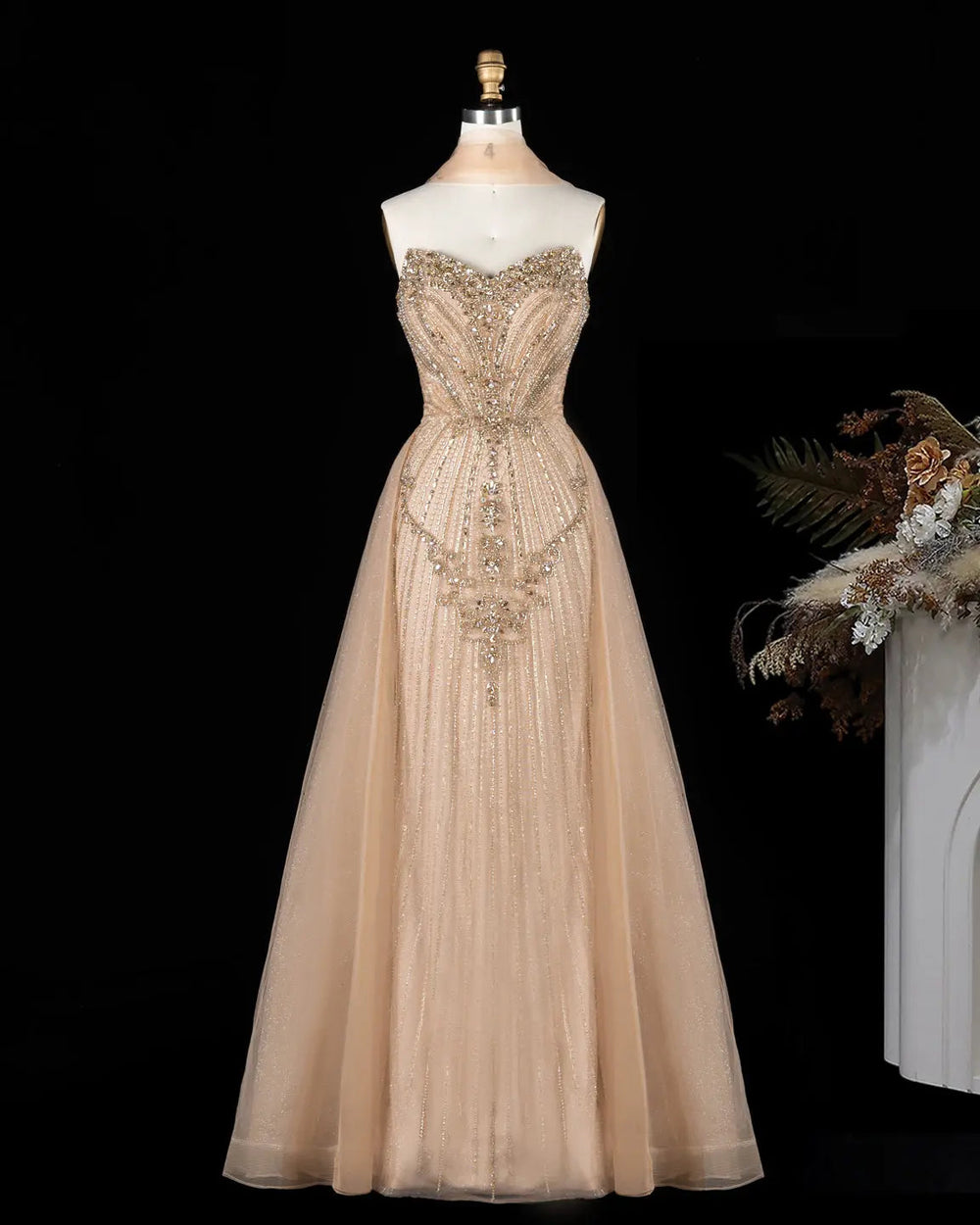 Dreamy Vow SS068 champagne crystal beaded strapless A-line evening gown