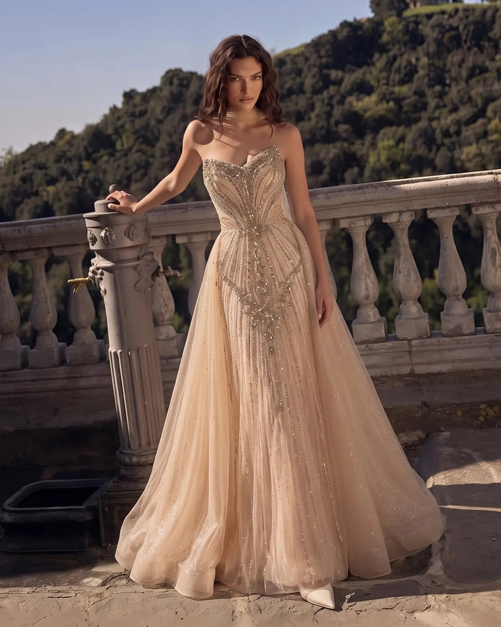 Dreamy Vow SS068 champagne crystal beaded strapless A-line evening gown