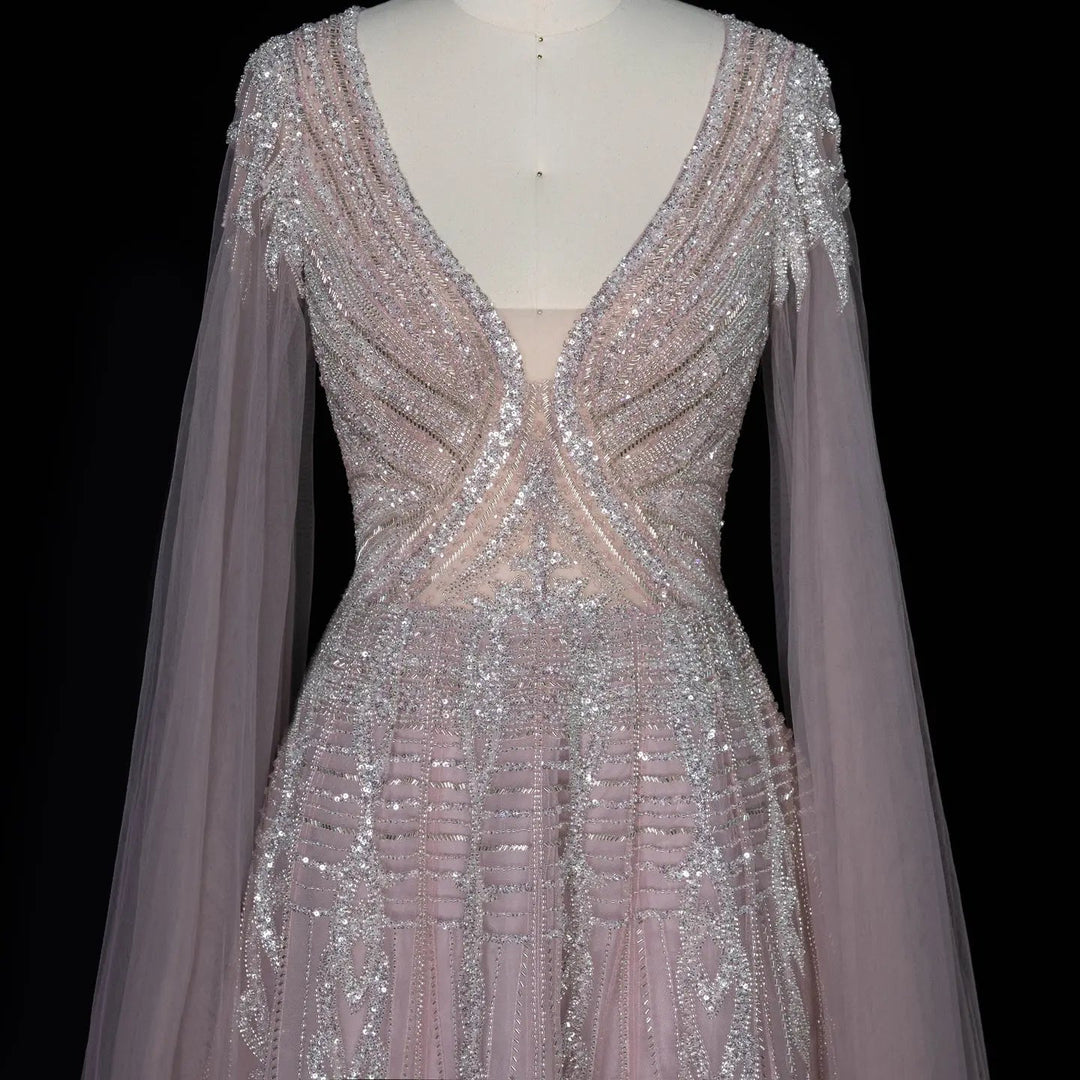 Dreamy Vow SS073 pink beaded A-line evening dress front detail