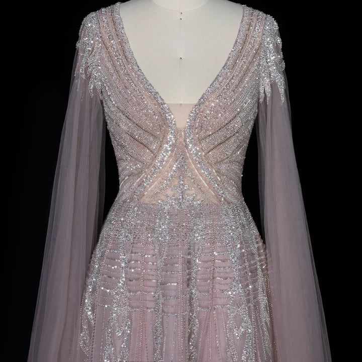 Dreamy Vow SS073 pink beaded A-line evening dress front detail