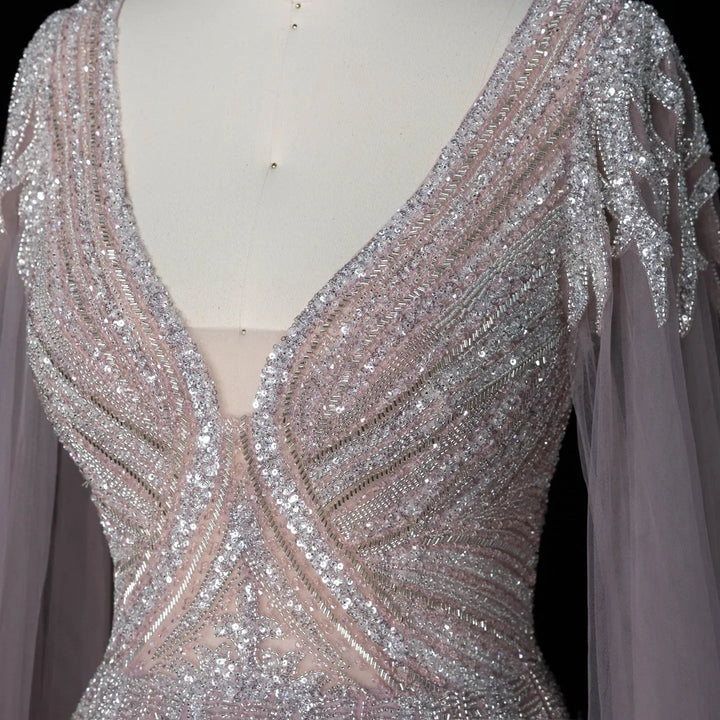 Dreamy Vow SS073 pink beaded V-neck bodice detail