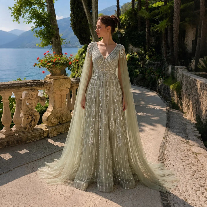 Dreamy Vow SS073 sage green beaded A-line evening dress model full view