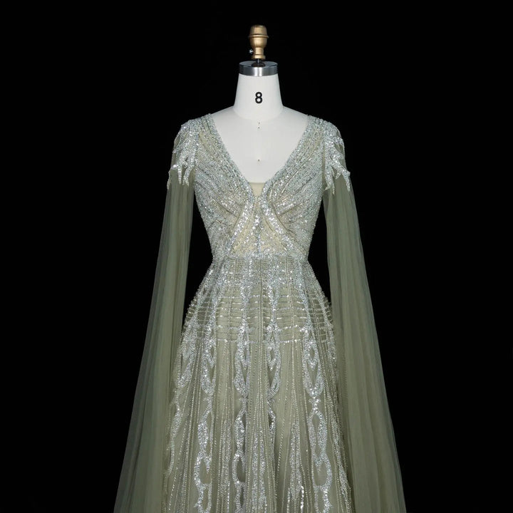 Dreamy Vow SS073 sage green beaded evening dress detail
