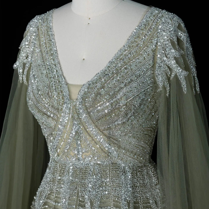 Dreamy Vow SS073 sage green beaded V-neck bodice detail