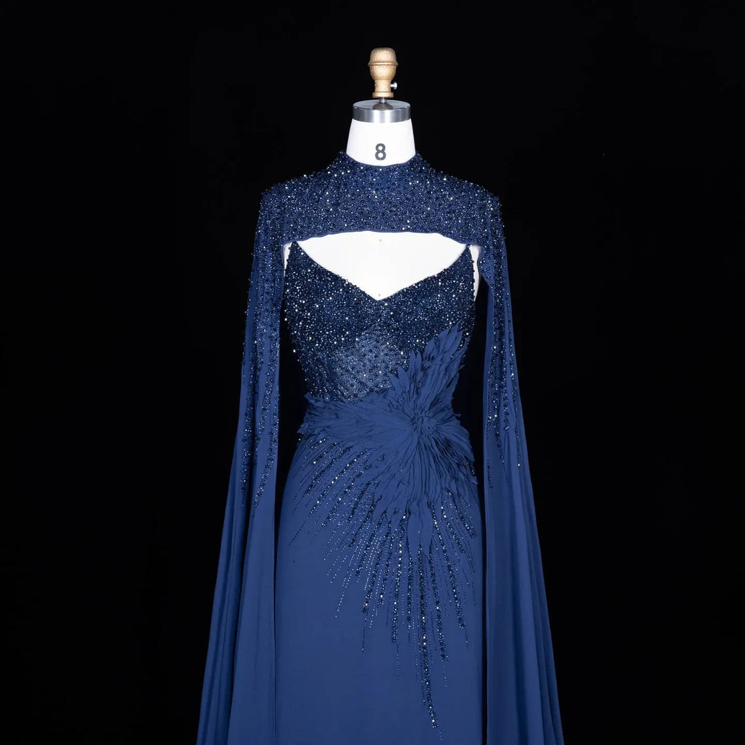 Dreamy Vow SS074 blue beaded cape evening dress side detail