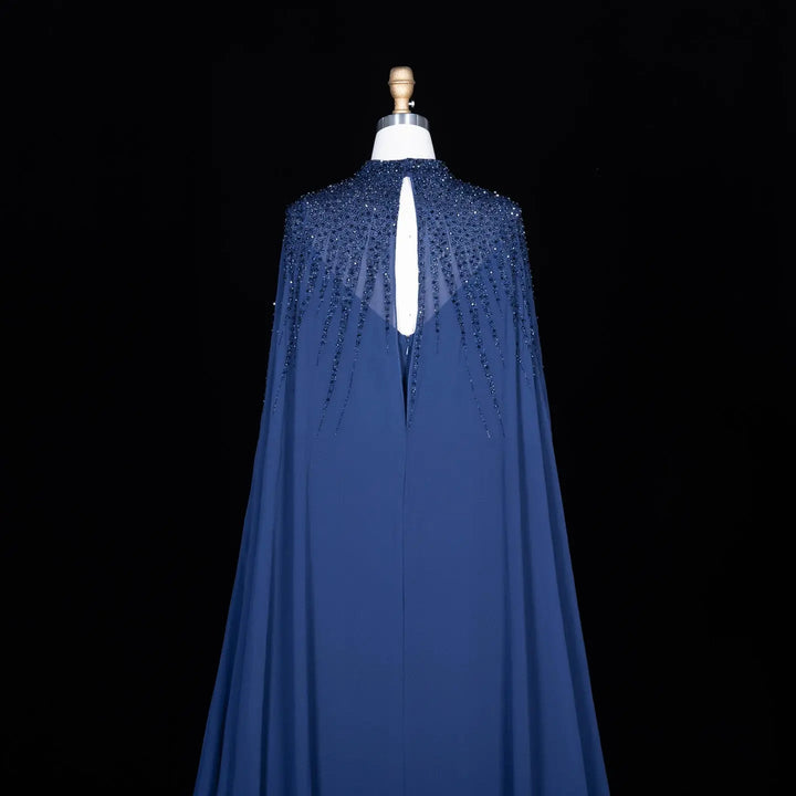 Dreamy Vow SS074 blue cape evening dress back view
