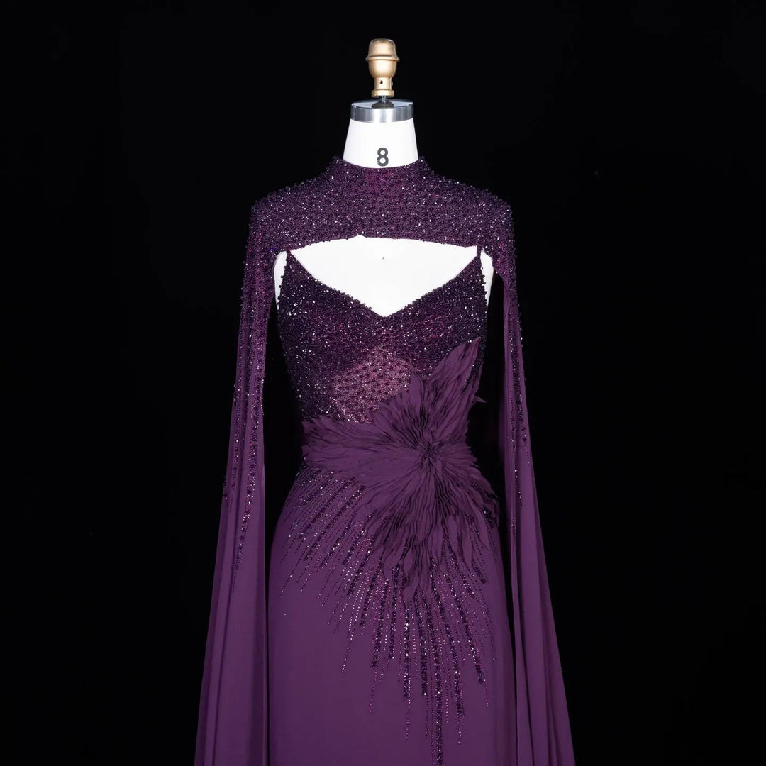 Dreamy Vow SS074 purple beaded high neck cape evening dress bodice detail