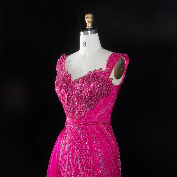 Dreamy Vow SS106 fuchsia asymmetric neckline bodice detail