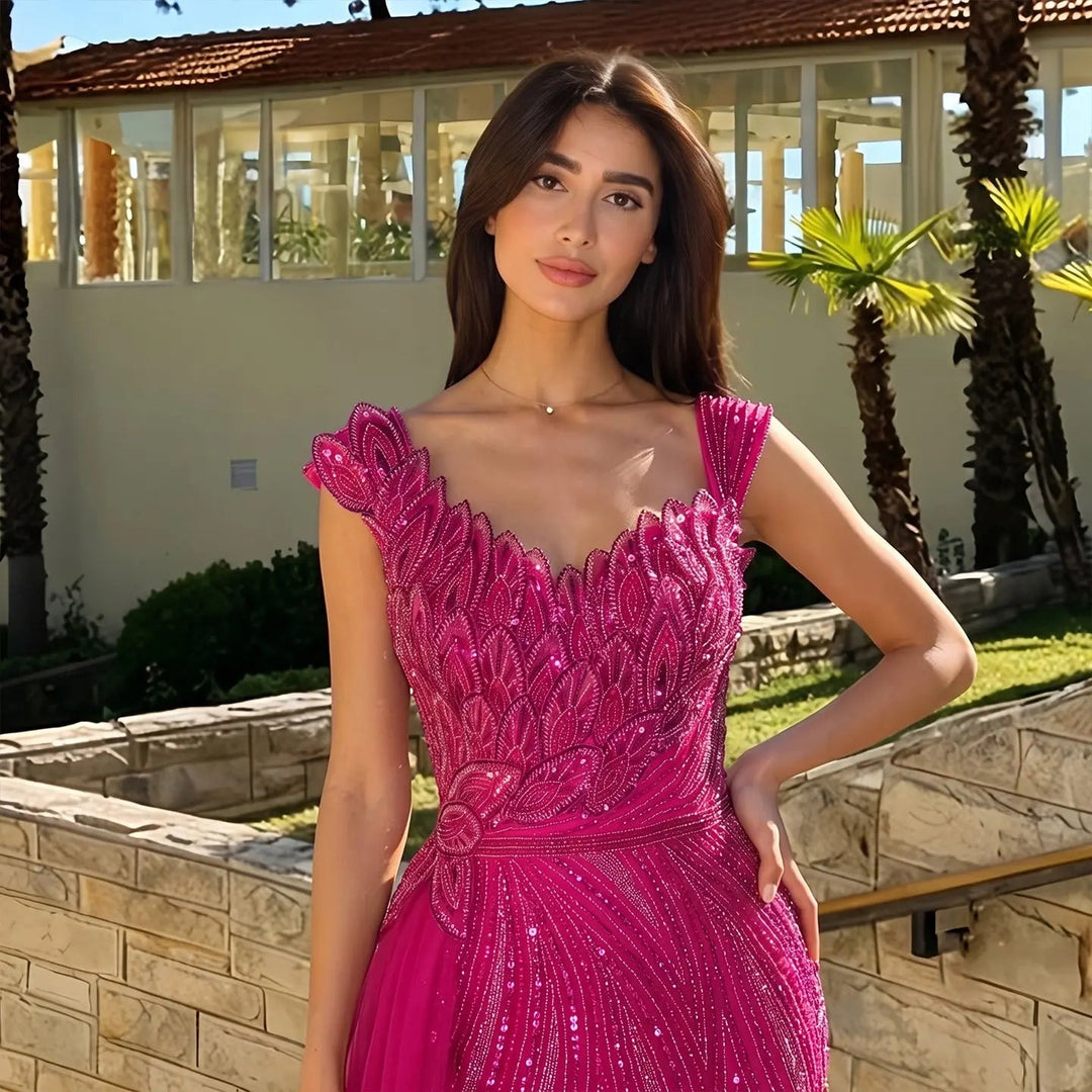 Dreamy Vow SS106 fuchsia beaded leaf bodice detail