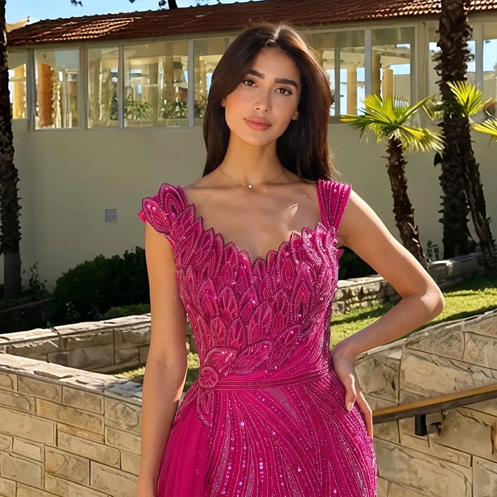 Dreamy Vow SS106 fuchsia beaded leaf bodice detail