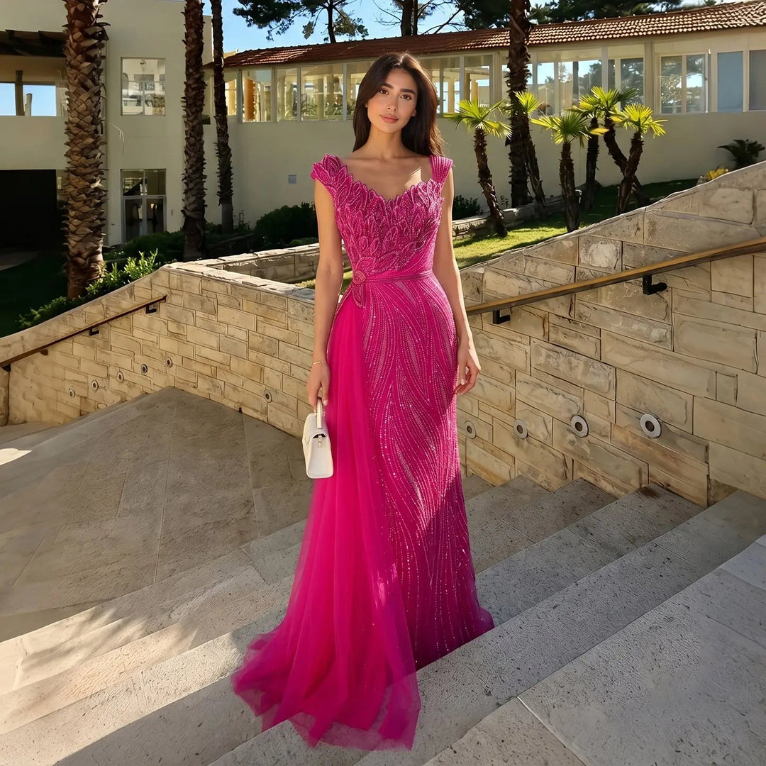 Dreamy Vow SS106 fuchsia beaded mermaid evening dress outdoor full view