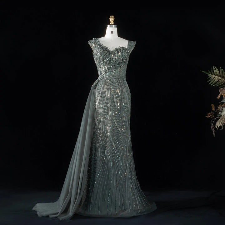 Dreamy Vow SS106 gray green beaded asymmetric mermaid evening dress front view