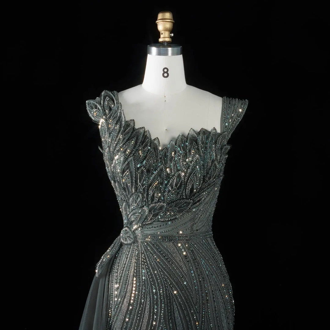 Dreamy Vow SS106 gray green beaded leaf bodice detail