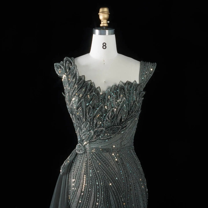 Dreamy Vow SS106 gray green beaded leaf bodice detail