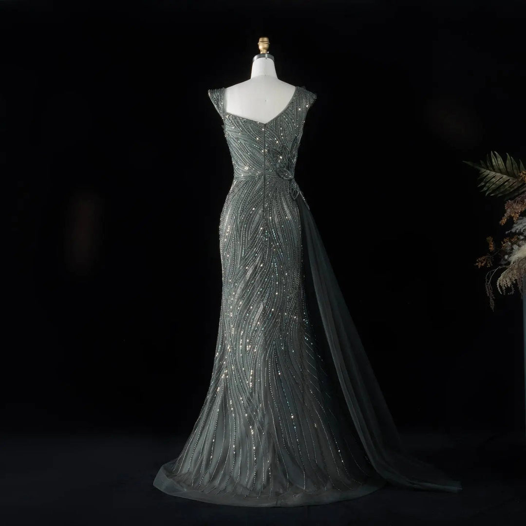 Dreamy Vow SS106 gray green beaded mermaid evening dress back view