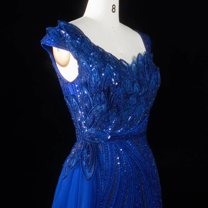 Dreamy Vow SS106 royal blue asymmetric neckline detail