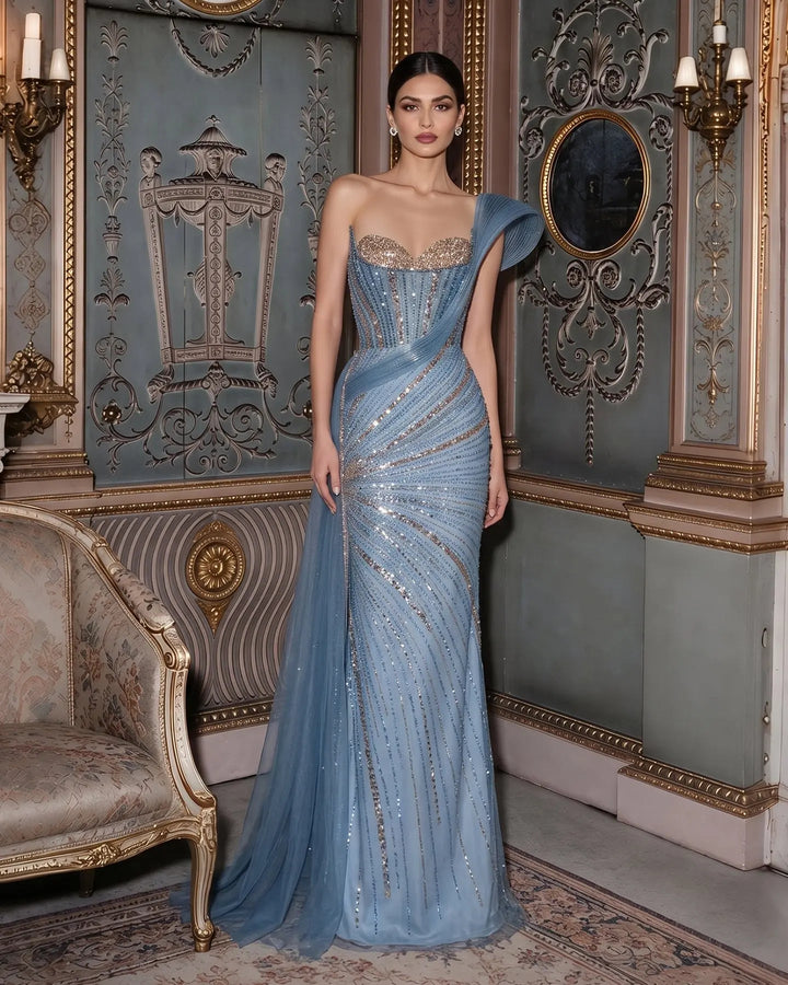 Dreamy Vow SS137 Blue beaded evening gown, model front