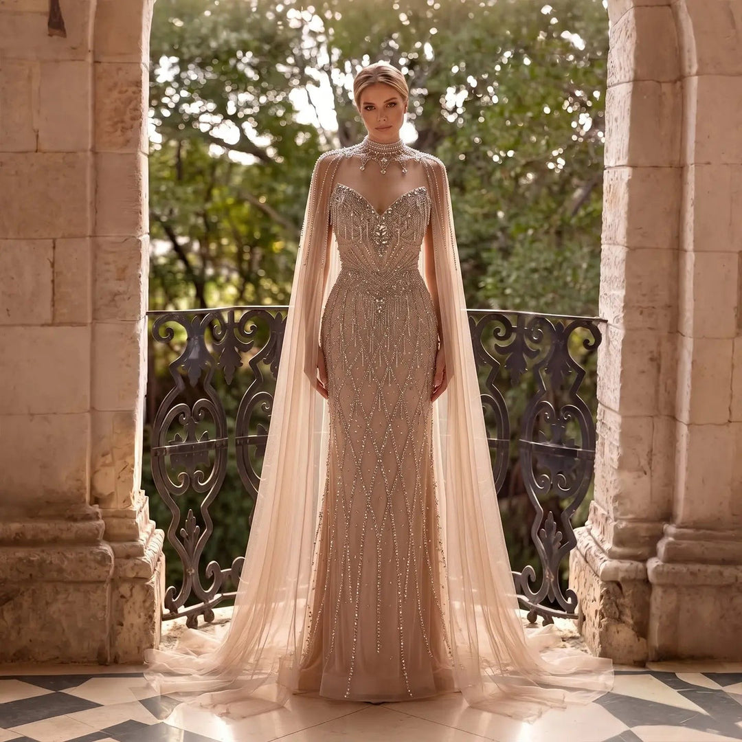 Dreamy Vow SS138 champagne rhinestone sweetheart cape evening dress