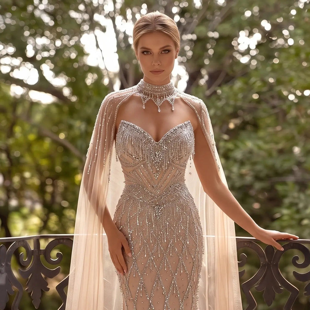 Dreamy Vow SS138 champagne rhinestone sweetheart cape evening dress