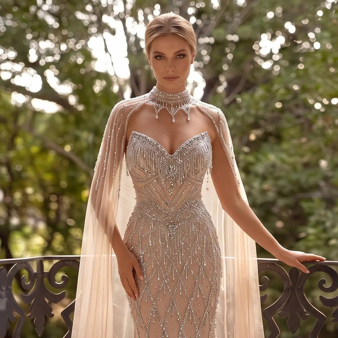 Dreamy Vow SS138 champagne rhinestone sweetheart cape evening dress