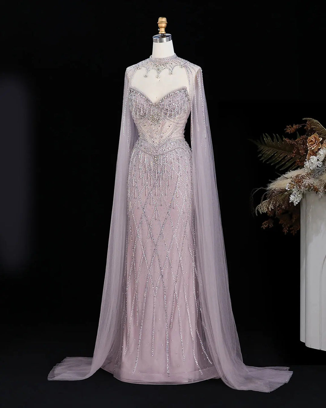 Dreamy Vow SS138 pink crystal beaded sweetheart cape evening gown