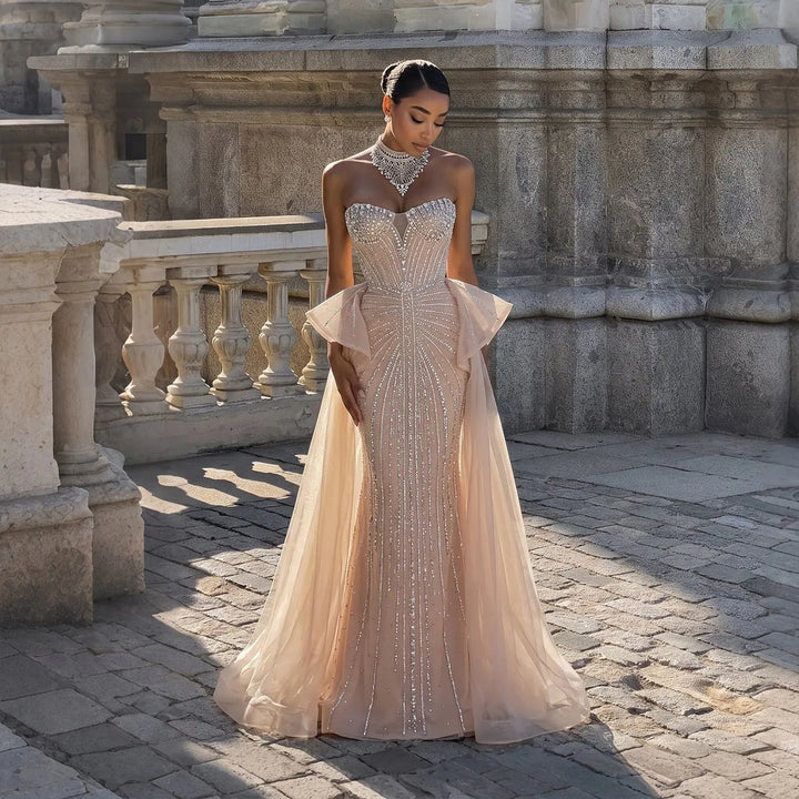 Dreamy Vow SS139 champagne crystal beaded strapless evening gown full length