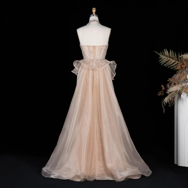 Dreamy Vow SS139 champagne crystal beaded strapless evening gown close up