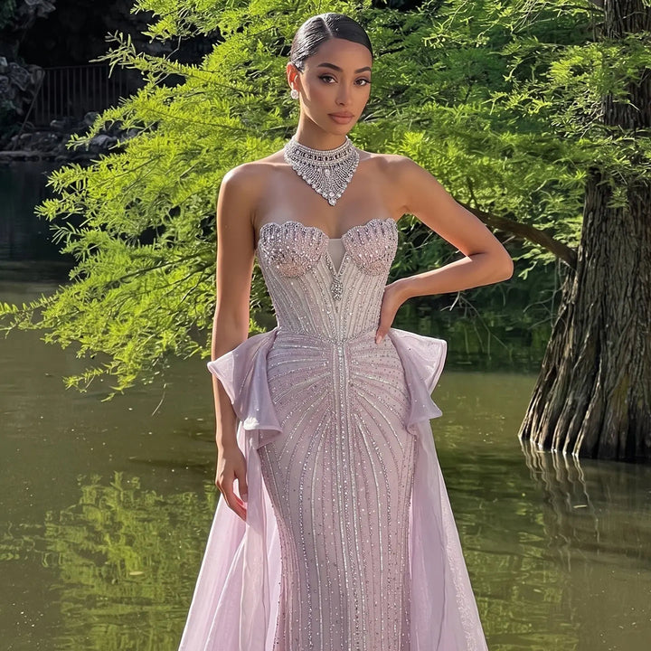 Dreamy Vow SS139 pink crystal beaded strapless evening gown full length