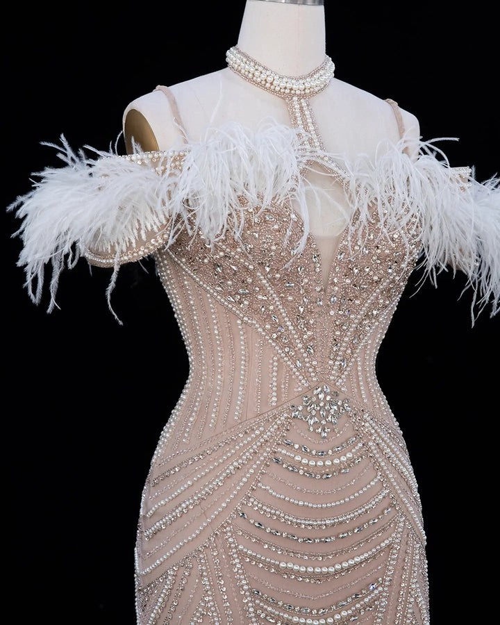 Dreamy Vow SS170 Champagne beaded feather-trim evening gown, angled bodice