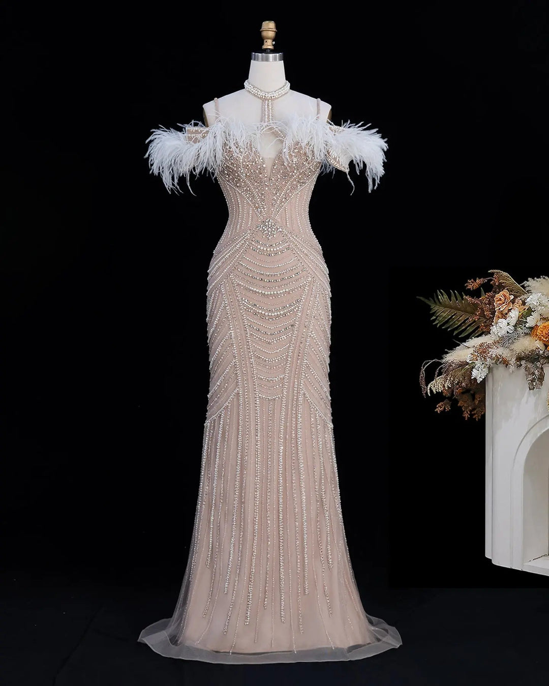 Dreamy Vow SS170 Champagne beaded feather-trim evening gown, angled full length
