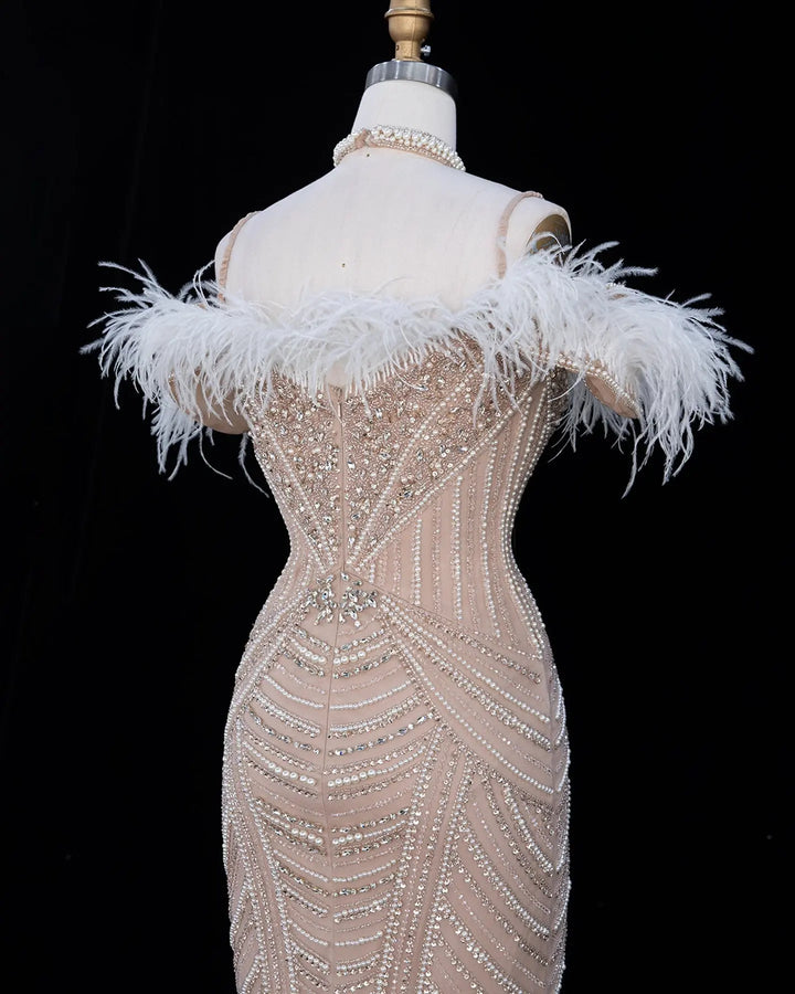 Dreamy Vow SS170 Champagne beaded feather-trim evening gown, back