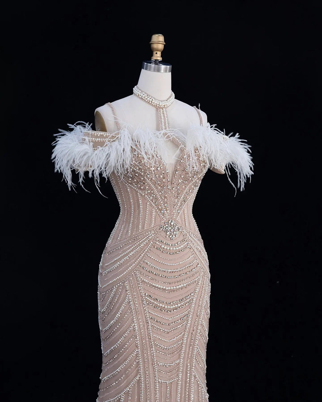 Dreamy Vow SS170 Champagne beaded feather-trim evening gown, beading detail