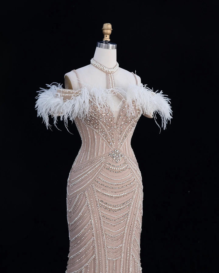 Dreamy Vow SS170 Champagne beaded feather-trim evening gown, beading detail