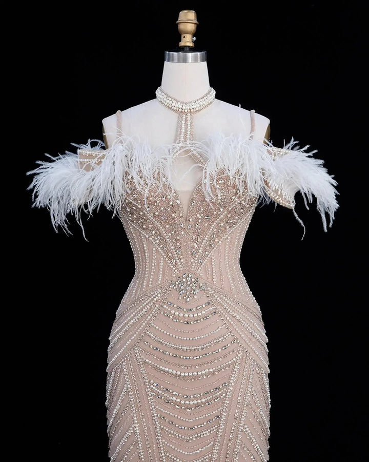Dreamy Vow SS170 Champagne beaded feather-trim evening gown, bodice