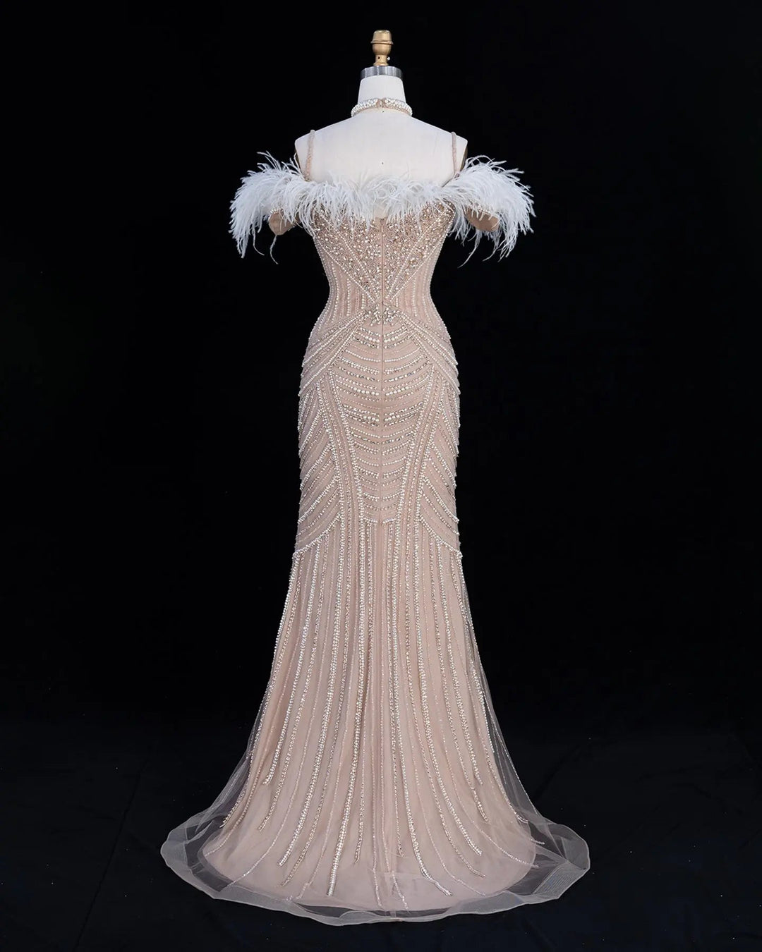 Dreamy Vow SS170 Champagne beaded feather-trim evening gown, front