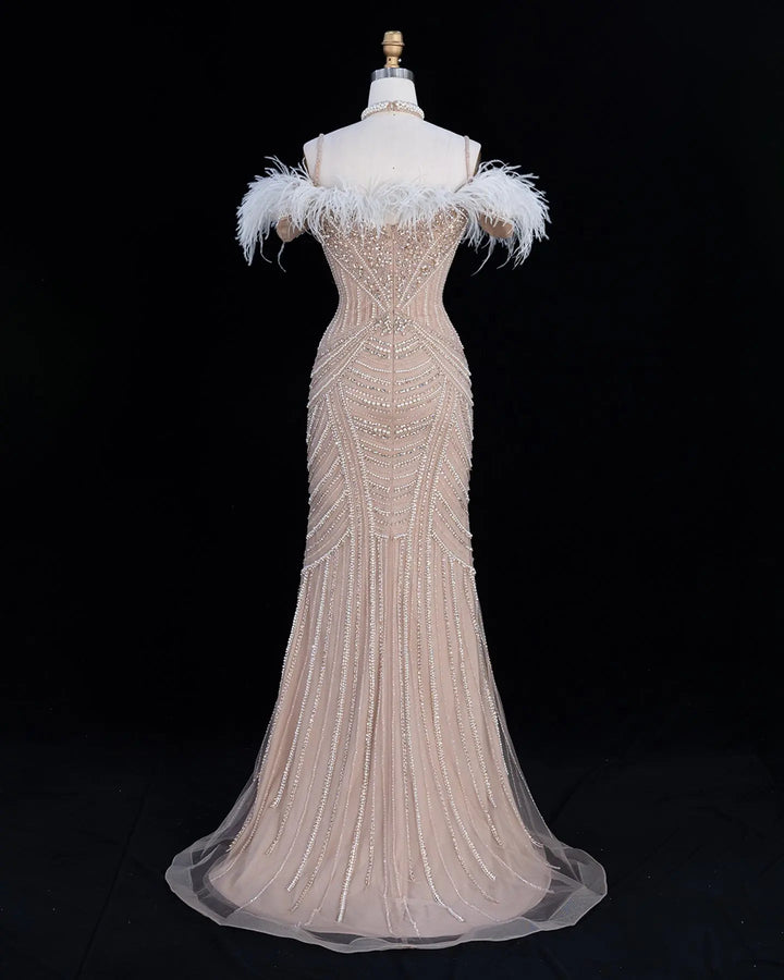 Dreamy Vow SS170 Champagne beaded feather-trim evening gown, front
