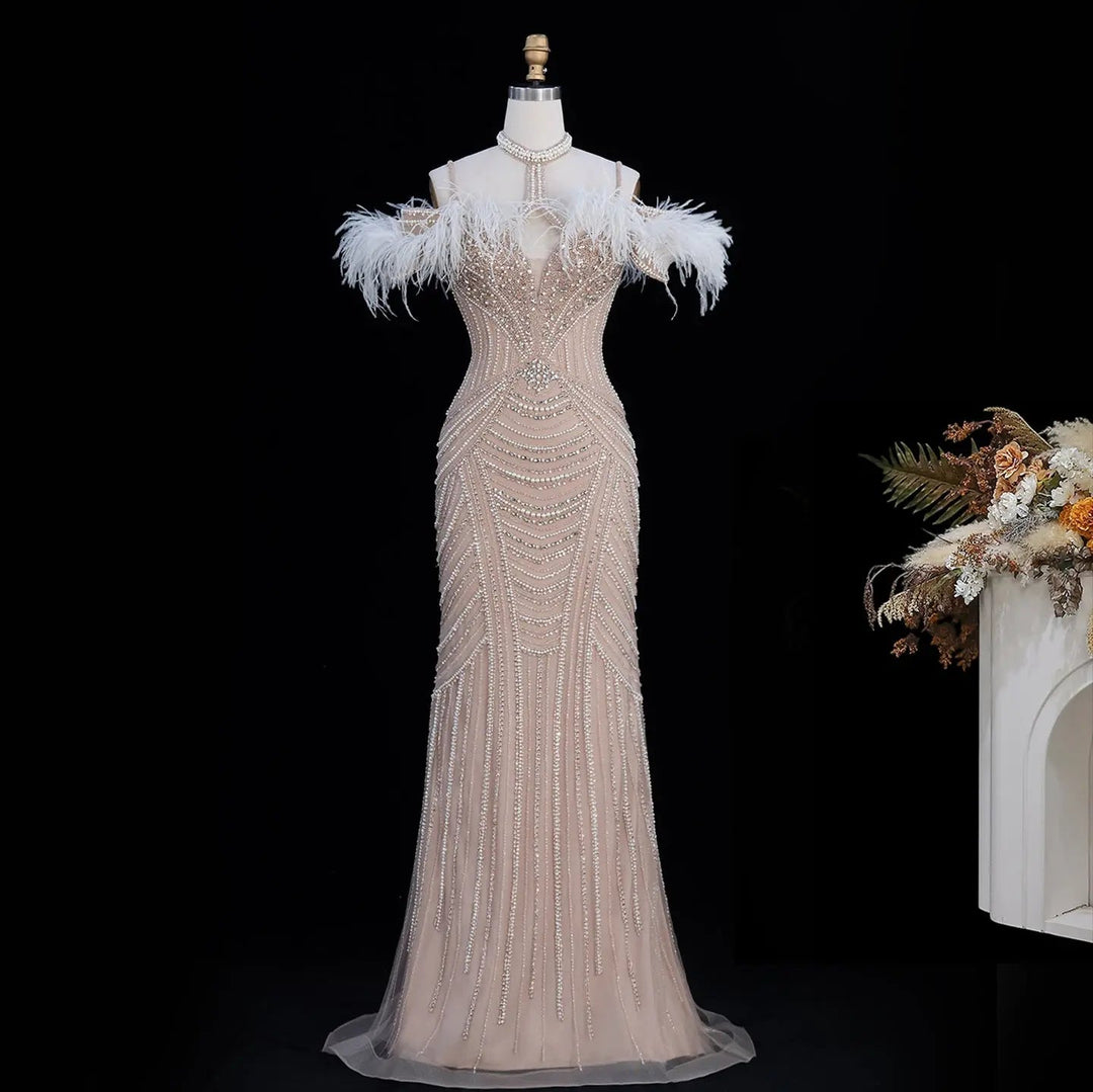 Dreamy Vow SS170 Champagne beaded feather-trim evening gown, full length