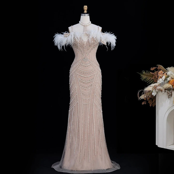 Dreamy Vow SS170 Champagne beaded feather-trim evening gown, full length