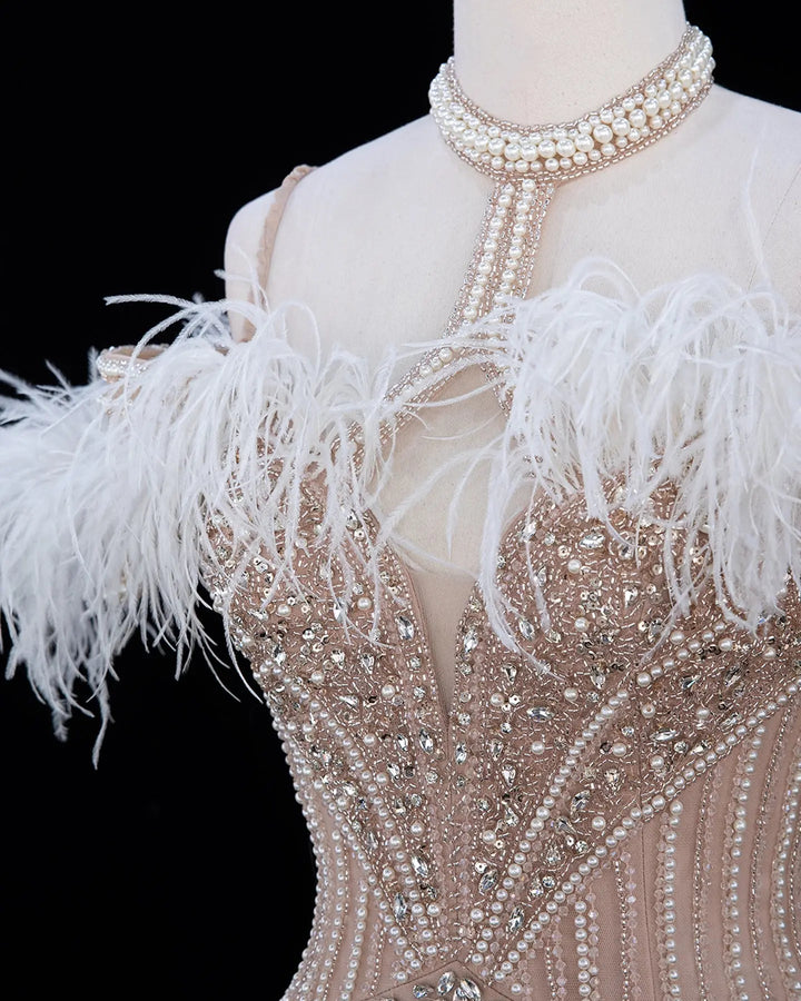 Dreamy Vow SS170 Champagne beaded feather-trim evening gown, neckline detail