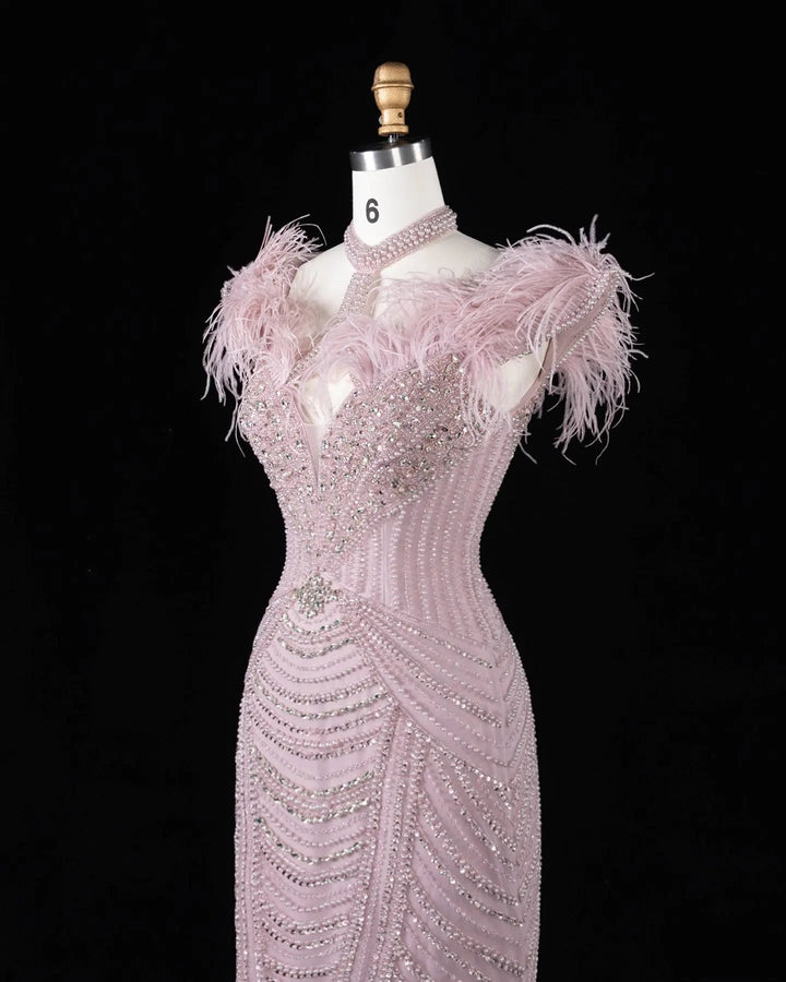 Dreamy Vow SS170 Pink beaded feather-trim evening gown, angled bodice