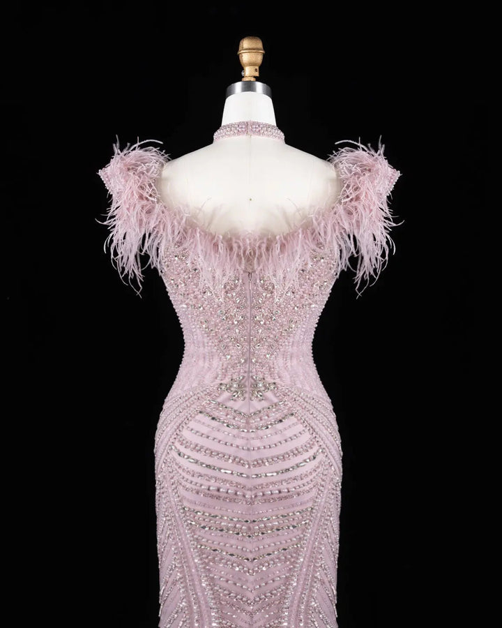 Dreamy Vow SS170 Pink beaded feather-trim evening gown, back