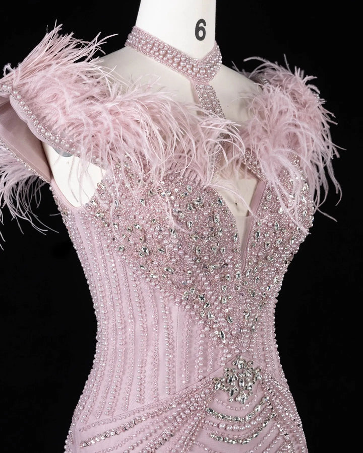Dreamy Vow SS170 Pink beaded feather-trim evening gown, beading detail