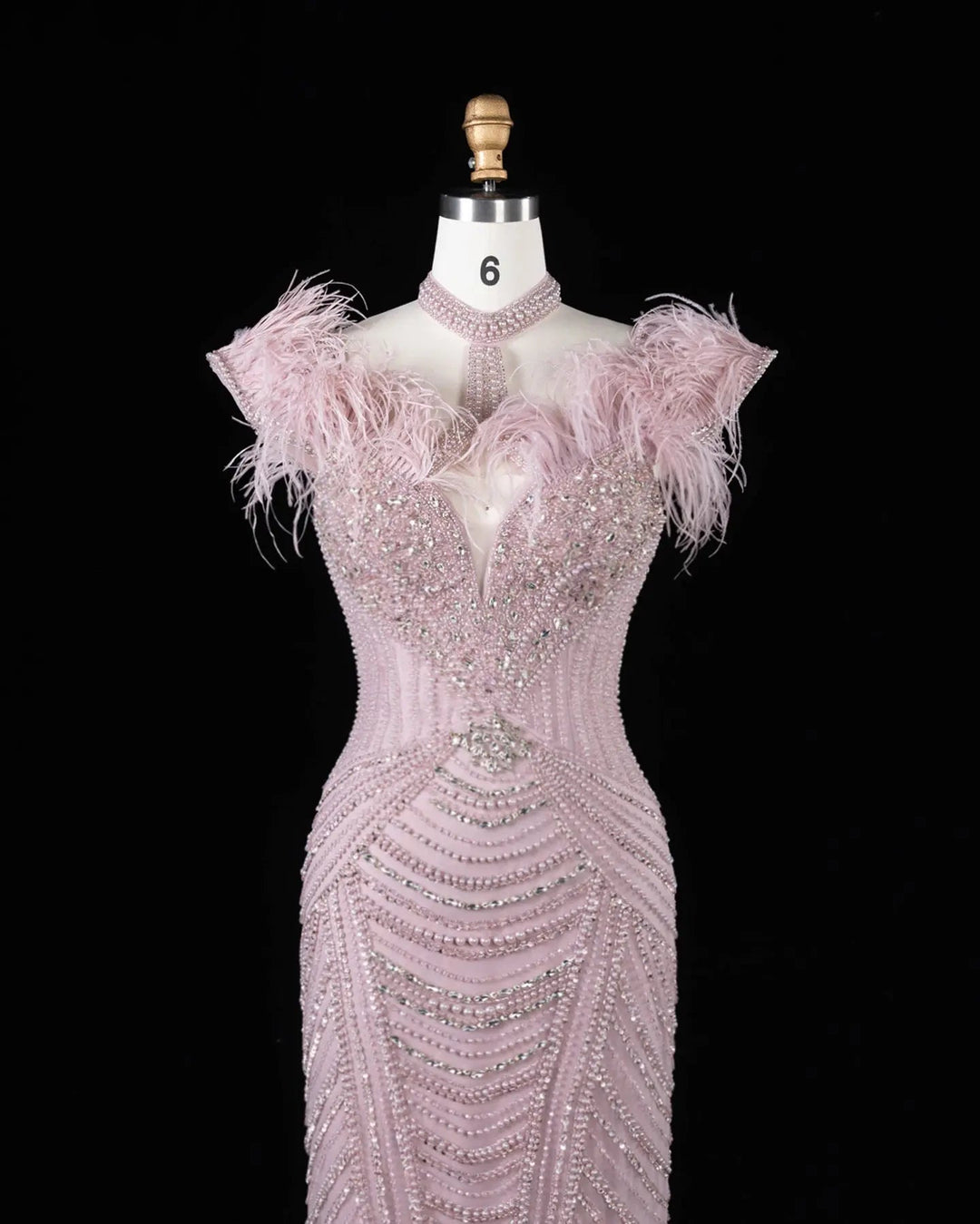Dreamy Vow SS170 Pink beaded feather-trim evening gown, bodice