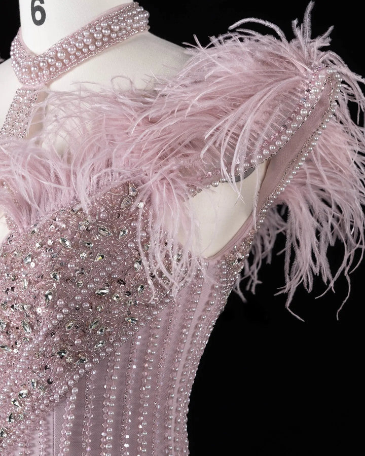 Dreamy Vow SS170 Pink beaded feather-trim evening gown, feather detail