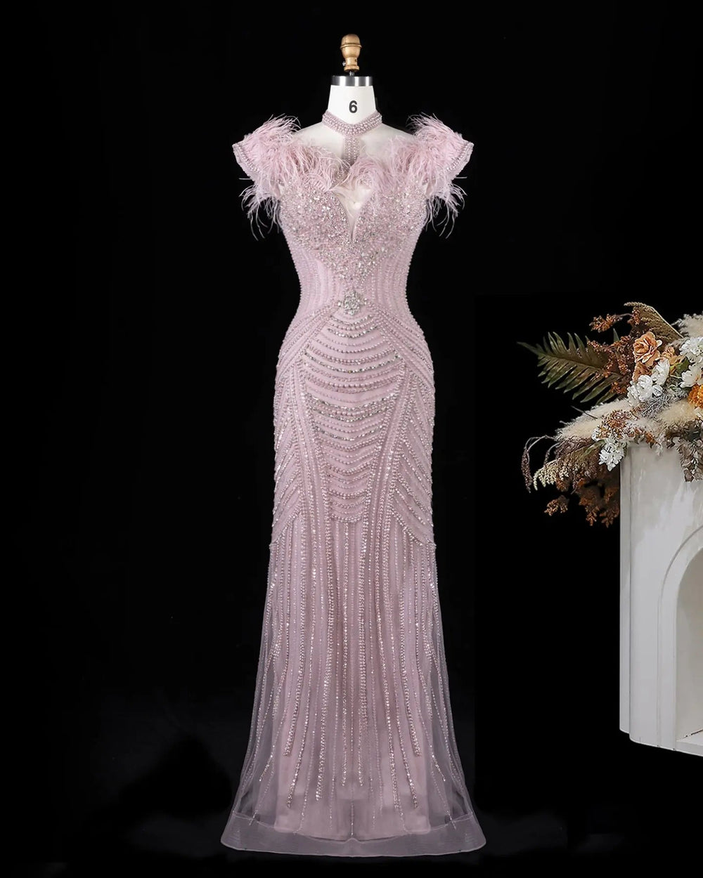 Dreamy Vow SS170 Pink beaded feather-trim evening gown, front
