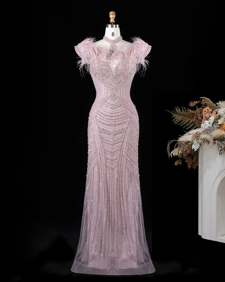 Dreamy Vow SS170 Pink beaded feather-trim evening gown, front
