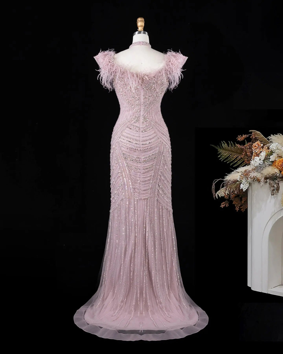 Dreamy Vow SS170 Pink beaded feather-trim evening gown, full length